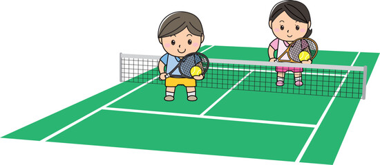 テニスコートで仲良くテニスを楽しむカップル　Couple Enjoying a Friendly Tennis Game on the Court