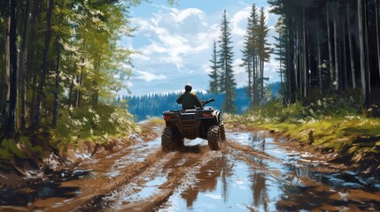 ATV Rider Navigating a Muddy Trail Through a Lush Green Forest Landscape