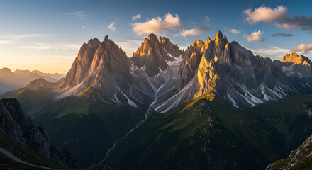 Majestic Dolomites Mountain Range at Sunset with Golden Light and Green Valleys