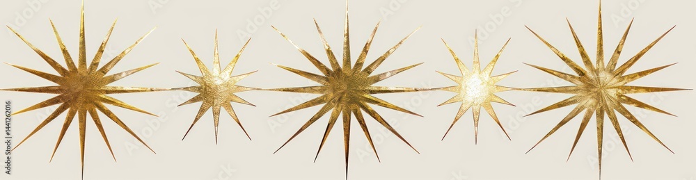 Poster five golden metallic starbursts of varying sizes displayed in a horizontal row on a light beige back