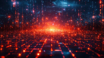 Obraz premium Abstract digital background with blue and red glowing lights and grid pattern.