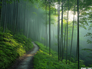 Obraz premium silent_bamboo_forest_dawn_mist,