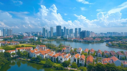 Naklejka premium Stunning Aerial View of Lakeside Cityscape: Modern Architecture Meets Serene Waters