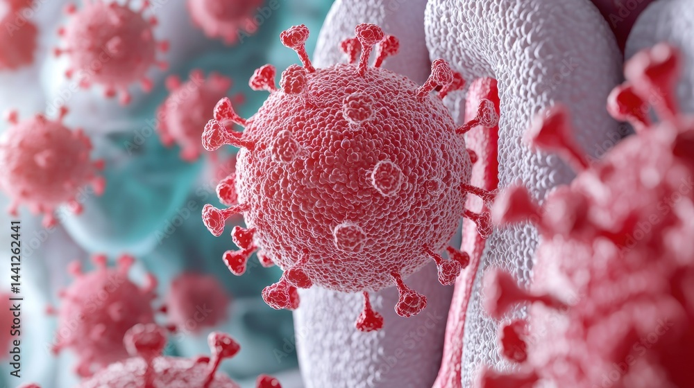 Poster virus cell image of a red sphere with spikes on light background