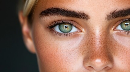Close-up portrait of a woman with flawless skin and striking green eyes.  Natural beauty, soft focus,  emphasizing facial features.  Light complexion, freckles, and well-groomed eyebrows