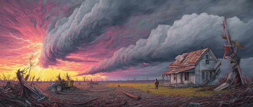 Pink storm clouds swell over isolated farmhouse on barren field, dramatic lighting and thunderous atmosphere