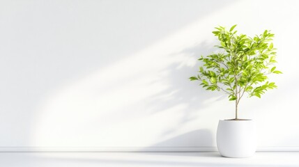A green potted plant casting a shadow on a white wall, minimalist indoor setting with natural light, and serene and modern decor concept.