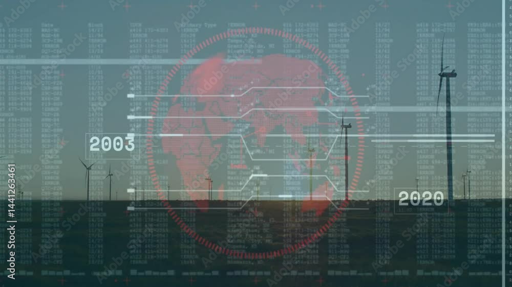 Poster wind turbines spinning across open field, hud overlay projecting red globe grid and data columns