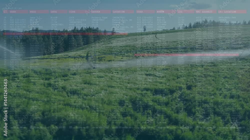 Poster flat design interface overlay displaying columns over green hills, with red bars