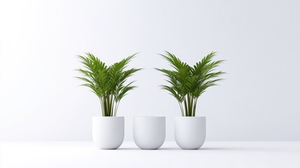 Fototapeta premium Two green potted plants flank an empty white ceramic pot on a clean white background.