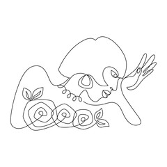 Young woman face with flower, drawn with continuous line in minimalism, abstract, feminine bohemian art, for prints, tattoos, posters, textile, cards, one line, editable vector contour
