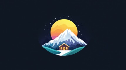 Alpine chalet sunset, night sky, graphic design