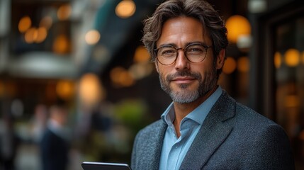 Fototapeta premium Man with glasses wearing a suit jacket outdoors smiling at the camera.