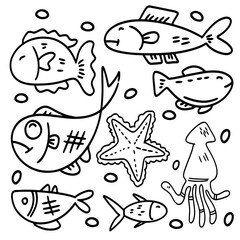 Minimal cartoon sea doodle black and white bundle set