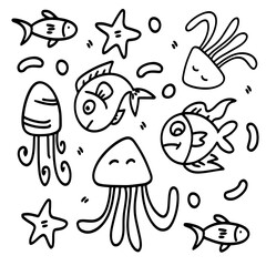 Hand drawn underwater sea animals doodle bundle set