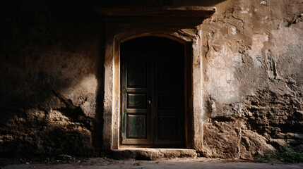 Obraz premium Ornate doorway set in a weathered wall with cracks and faded paint.