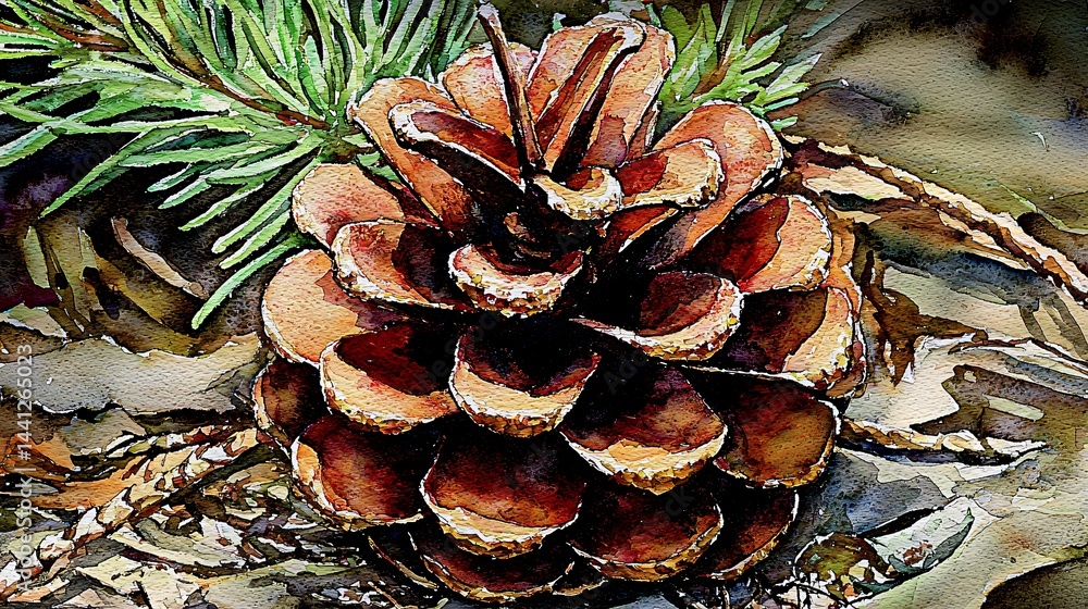Poster close-up of a beautiful pine cone resting on a forest floor showcasing intricate textures and the wo