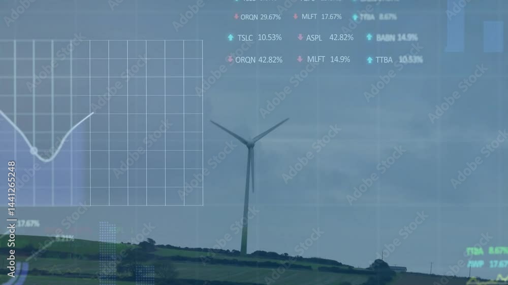 Poster wind turbine generating data feed across green hill, showing grid graphs trend lines bar charts