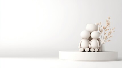 Fototapeta premium White Figurines with Floral Branch Minimalist Style High-resolution Soft Lighting Wide Shot Gentle Curves Peaceful Togetherness White Background Soft Neutral Tones Ideal for Wedding Invitations