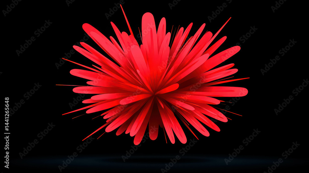 Poster vibrant red abstract shape with dynamic spikes against a black background for creative projects