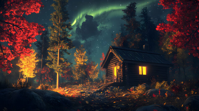 Idyllic cabin nestled in a colorful forest under the radiant aurora borealis sky