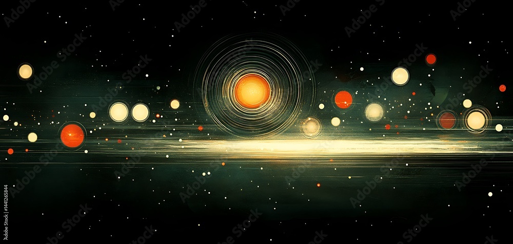 Poster abstract cosmic artwork with circular patterns and light streaks backdrop