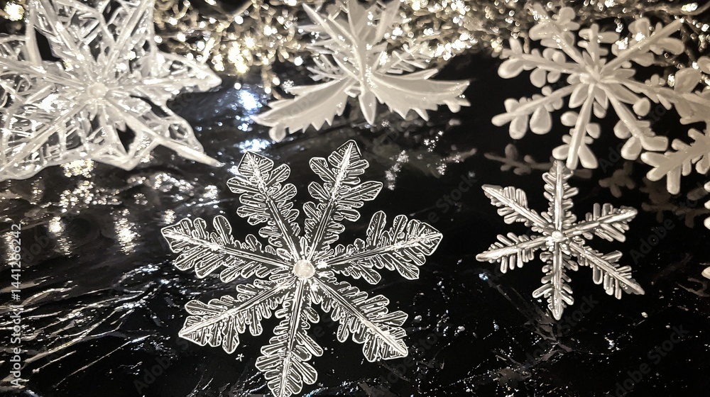Poster close-up view of an array of beautiful snowflakes spread across a table surface creating a wintery s