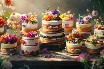 Colorful miniature cakes adorned with fresh flowers.