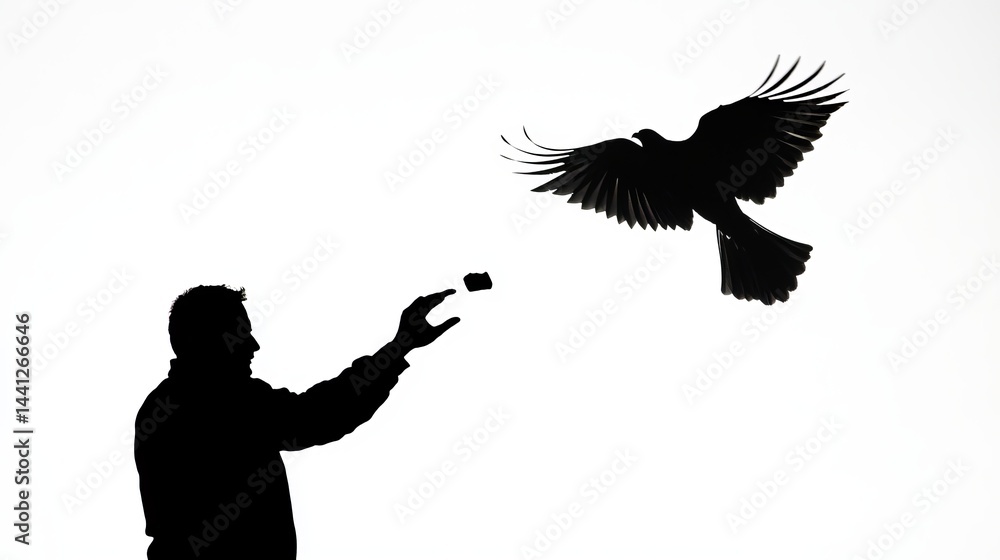 Poster silhouette man feeding bird black and white minimalist graphic design high resolution image perfect 