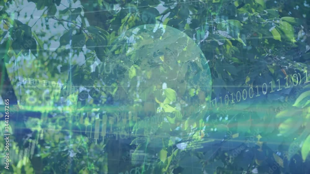 Poster translucent globe floating over forest canopy, blending with binary code, neon lines, data markers