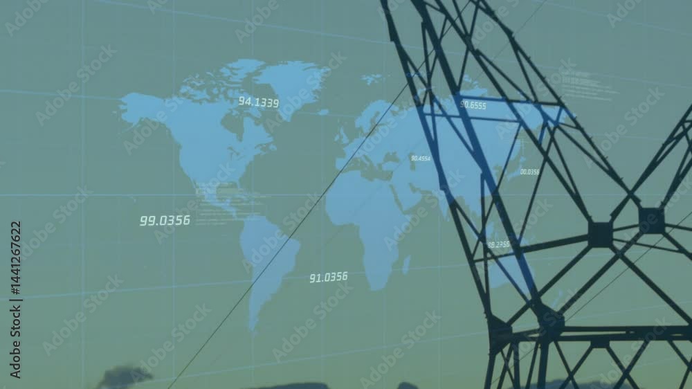 Poster data visualization showing blue world map on grid combining floating labels and black network graph