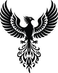 Fototapeta premium Black and white bold vector of a phoenix rising, isolated on white background.