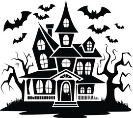 Black and white bold vector of a haunted house, isolated on white background.