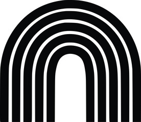 Black and white bold vector of a rainbow arch, isolated on white background.