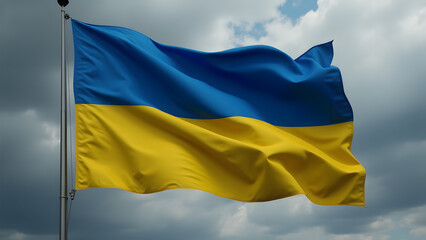 Ukraine's symbolic flag waves defiantly under storm clouds, its blue-yellow colors glowing against the dramatic sky.