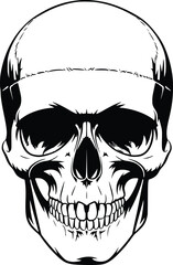 Black and white bold vector of a detailed skull, isolated on white background.