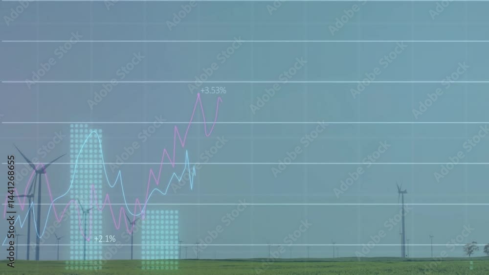 Poster wind energy graphs flowing across field with turbines, grid showing percent labels in flat design