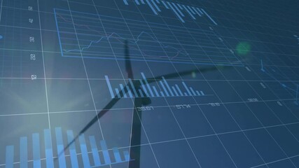 wind turbine silhouette being animated on blue digital grid with data charts and sun lens flare - Powered by Adobe