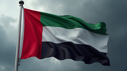 Obraz premium UAE's striking flag waves powerfully against stormy skies, its red-green-white-black stripes glowing dramatically.