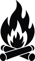 Black and white bold vector of a campfire, isolated on white background.