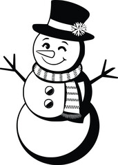 Black and white bold vector of a happy snowman, isolated on white background.