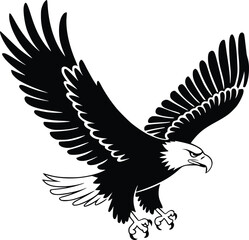 Black and white bold vector of a flying eagle, isolated on white background.