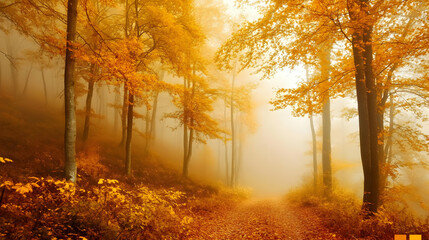 Golden enchantment: A mesmerizing autumn forest path bathed in misty sunlight