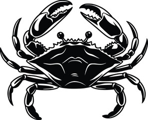 Black and white bold vector of a crab on beach, isolated on white background.
