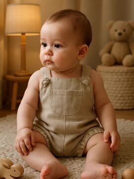 Adorable Baby Sitting on Carpet in Cozy Nursery Room with Soft Lighting and Teddy Bear in the Background Wearing Beige Overalls