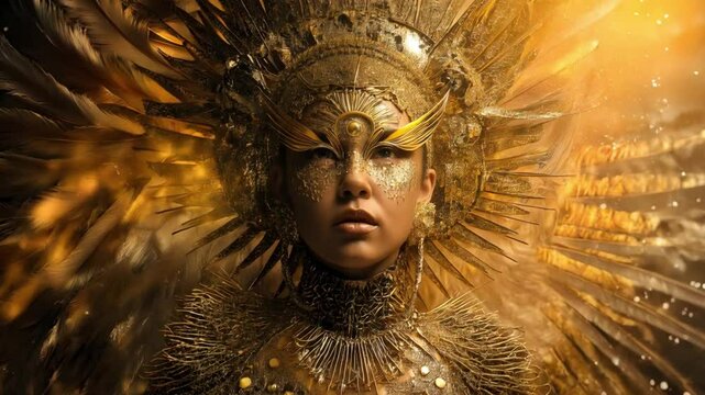 Majestic Woman in Golden Sun God Headdress with Intricate Feathers and Radiant Light Effects