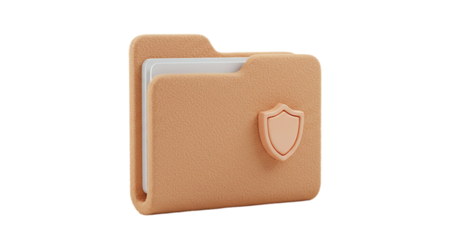 A tan folder with a white insert and a shield icon on the front against a black background render