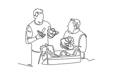  Neighbor sharing concept. Single line draw design. Vector graphic illustration