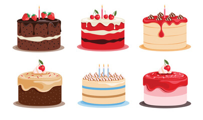 Birthday cake elements clipart set. Cake colorful dessert clip art with strawberry, cherry and candle toppings for birth day celebration vector illustration. 
