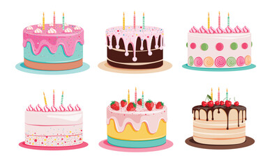 Birthday cake cartoon elements clipart set. Birthday colorful cake clip art collection for party, wedding, anniversary and holiday celebration yummy dessert vector illustration. 
